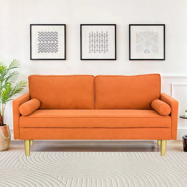Elegant 65-Inch Orange Polyester 2-Seater Loveseat with Side Pockets and Round Cushions