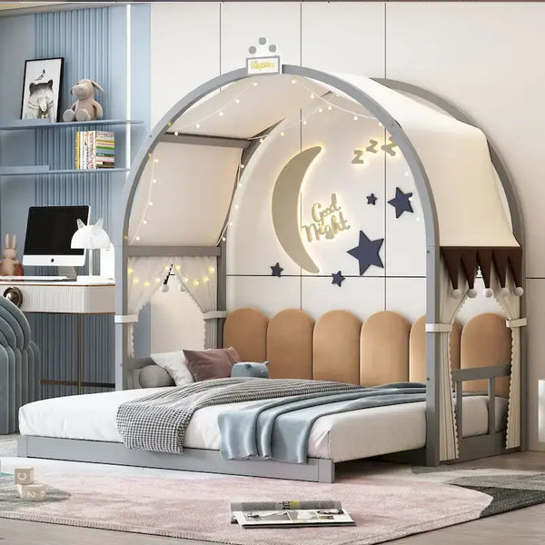 Gray Twin Bed with Arched Canopy and Trundle