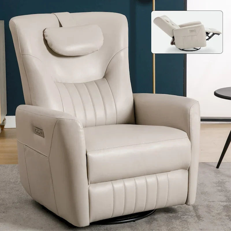 Beige Power Recliner Chair with 270° Swivel, Rocking Function, Lumbar & Neck Support Pillow, USB and Type-C Charging Ports