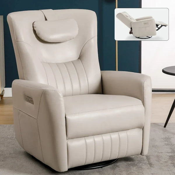 Beige Power Recliner Chair with 270° Swivel, Rocking Function, Lumbar & Neck Support Pillow, USB and Type-C Charging Ports