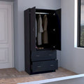 30.9-Inch Contemporary Double-Door Armoire with Two Drawers and Hanging Rod for Bedroom Storage