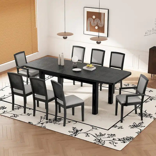 7-Piece Extendable Wooden Dining Table Set in Black and Gray with 6 Chairs