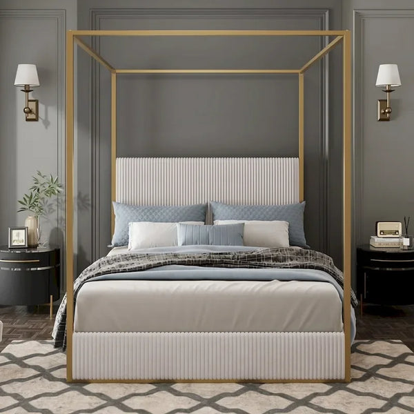 Contemporary Luxe Metal Canopy Bed Featuring a High Upholstered Headboard