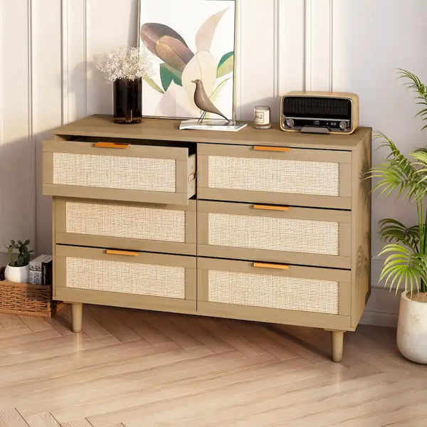 6-Drawer Rattan Wood Dresser