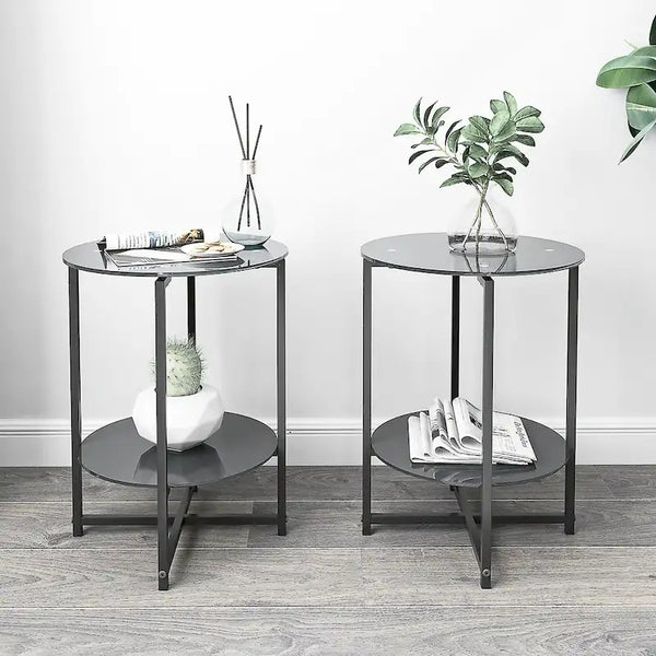 Black 2-Piece Tempered Glass End Table Set - Round Coffee Table for Bedroom, Living Room, and Office