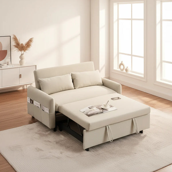 Convertible Sofa Bed Loveseat with Adjustable Backrest, Storage Pockets, and 2 Soft Pillows