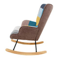 Mid-Century Patchwork Linen Rocking Chair with Wooden Legs
