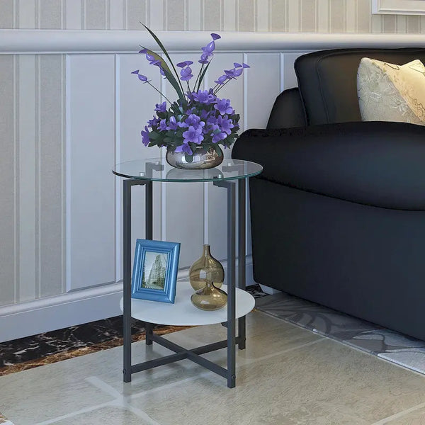 Double-Layer Round Tempered Glass End Table/Coffee Table with Sturdy Iron Frame