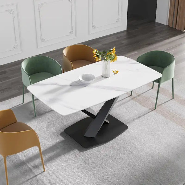 63-Inch Contemporary Dining Table with Slate Stone Surface and Metal Legs, Marble Finish