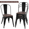 Set of 4 Stackable Bistro Cafe Dining Chairs with Metal Frame and Wooden Seat - Details Inside