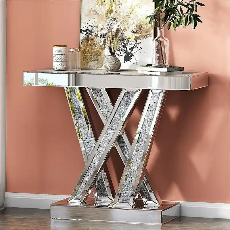 Contemporary Silver Console Table with Crushed Diamond Inlay for Entryway
