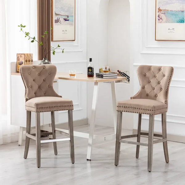 Carter Set of 2 Tufted Wingback Bar Stools with Nailhead Trim and Antique Grey Legs