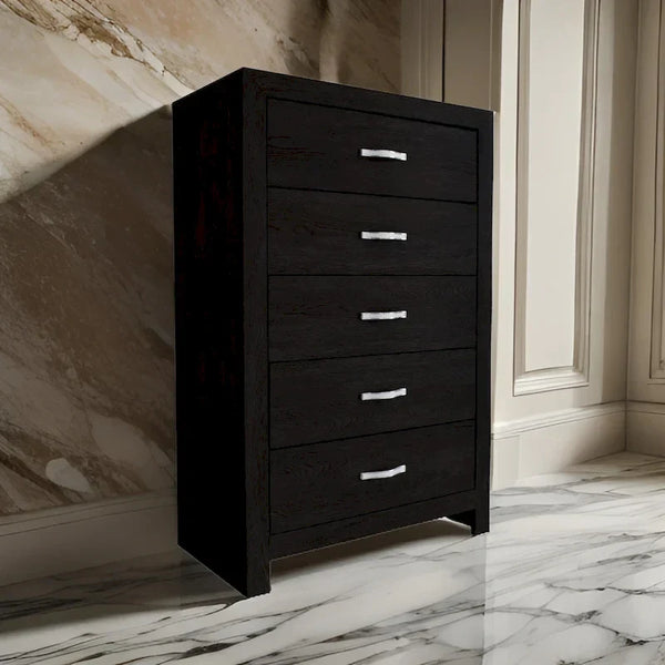 Ancy 48-Inch Tall 5-Drawer Dresser Chest with Faux Diamond Inlay Handles in Black