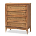 Ramiel Mid-Century Modern 4-Drawer Chest in Ash Walnut with Rattan Accents