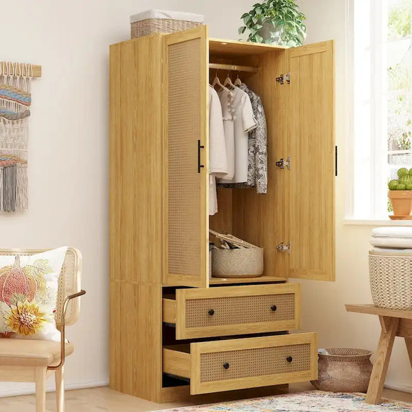 70.9-Inch Wooden Wardrobe Closet with Drawers and Hanging Rod