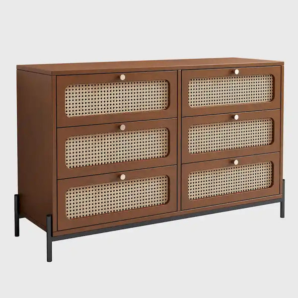Contemporary Rattan Wood 6-Drawer Dresser with Cannage Design
