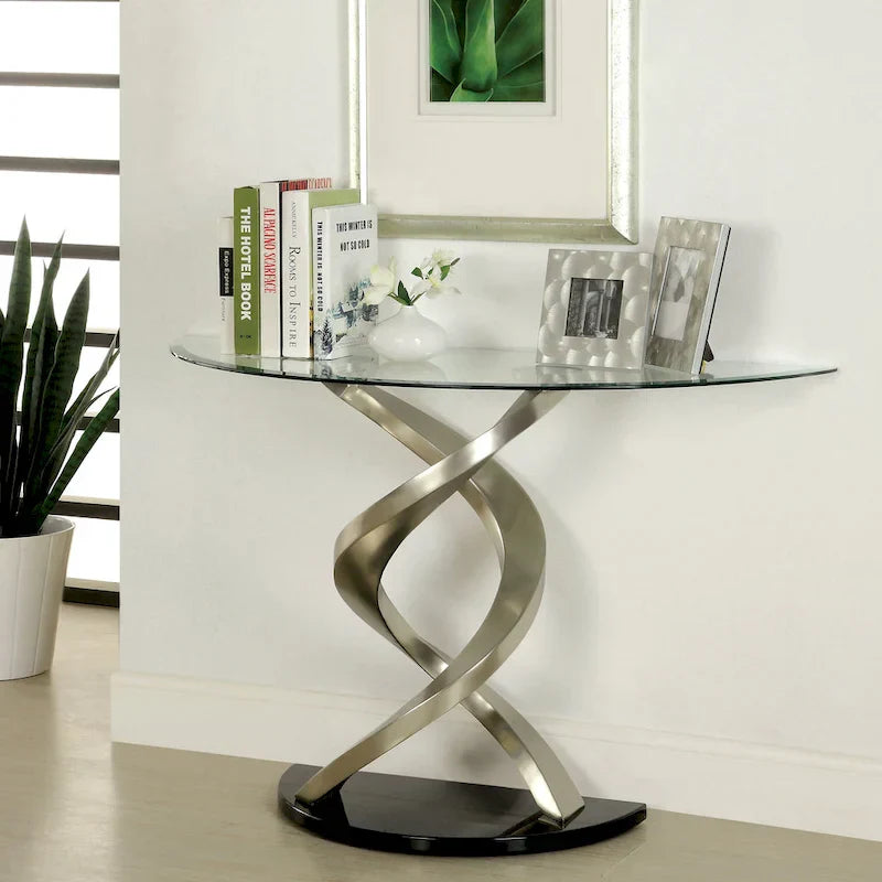 Furniture of America Sele Contemporary 45-Inch Silver Half-Moon Glass Top Sofa Table