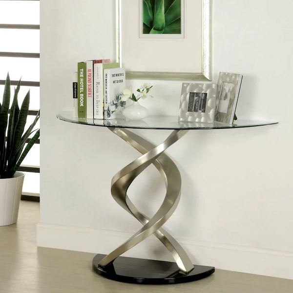Furniture of America Sele Contemporary 45-Inch Silver Half-Moon Glass Top Sofa Table