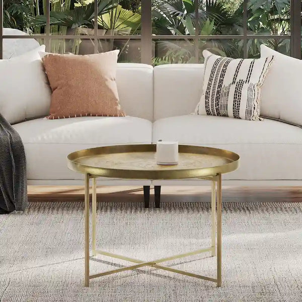 East at Main Eros Etched Floral Tray-Top Accent Table in Antique Brass Finish