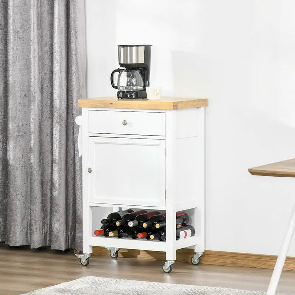 HOMCOM Rolling Kitchen Cart - Versatile Kitchen Island with Smooth Rubberwood Top and Narrow Butcher Block Surface on Wheels