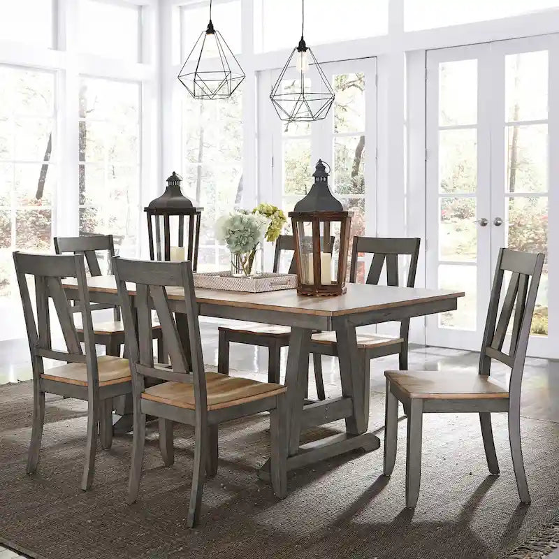 Lindsey Farm 7-Piece Trestle Table Set in Gray and Sandstone