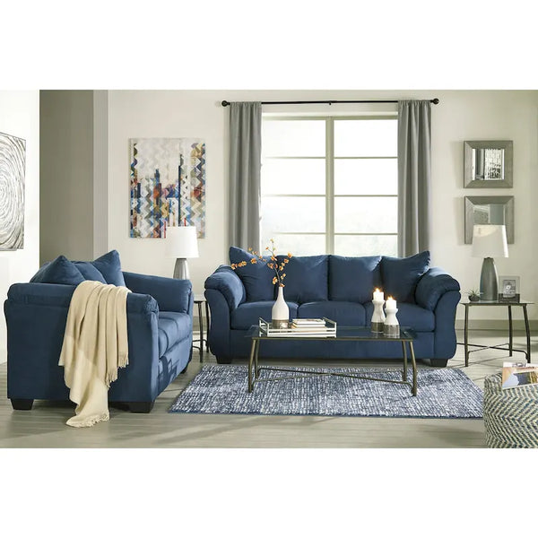 Aruca Navy Blue Microfiber Sofa and Loveseat Set with Pillow Back
