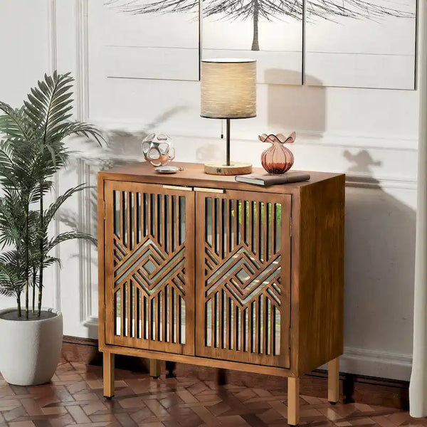 COZAYH Rustic Farmhouse Accent Cabinet with Geometric Mirror Fronts