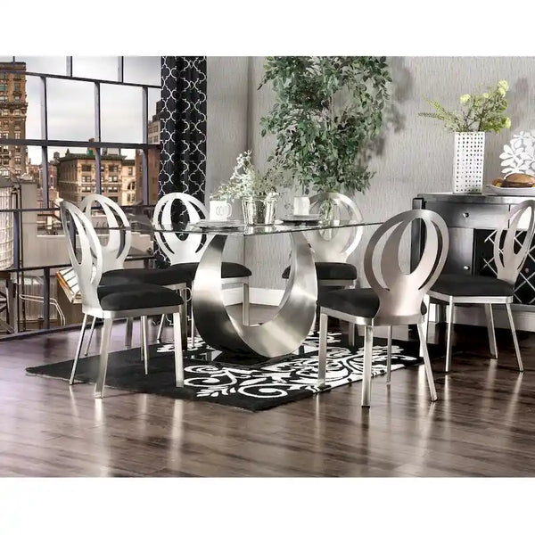Heer Contemporary Black Steel U-Shaped Pedestal 7-Piece Dining Set by Furniture of America