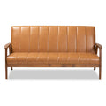Nikko Tan Faux Leather Sofa with Walnut-Finished Wood Accents