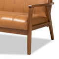 Nikko Tan Faux Leather Sofa with Walnut-Finished Wood Accents