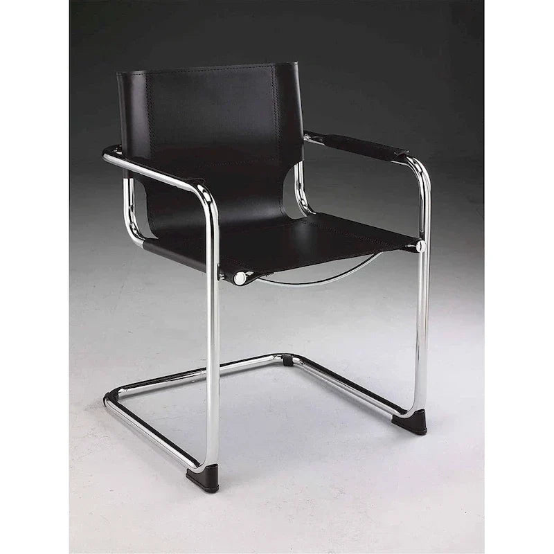 Set of 2 Black Leather Dining Chairs with Chrome Frames