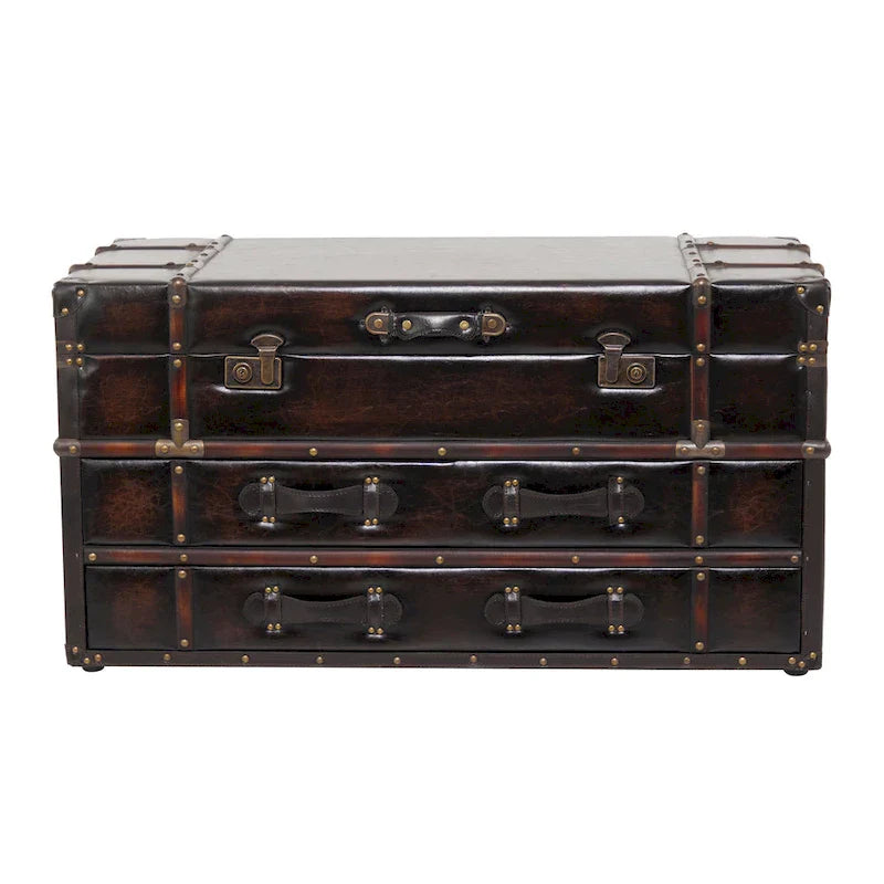 Roche River Decor Faux Leather or Linen Fabric Coffee Table Trunk with 2 Drawers and Buckle Hinged Top - Available in Dark Blue or Brown