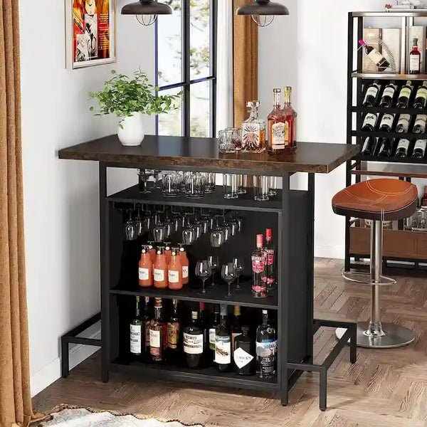 3-Tier Home Bar Unit with Glass Holder and Wine Storage