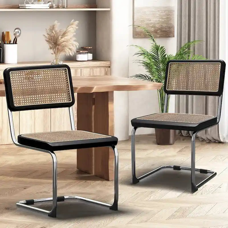 Set of 2 Upholstered Natural Rattan Dining Chairs - Armless Accent Side Chairs for Kitchen