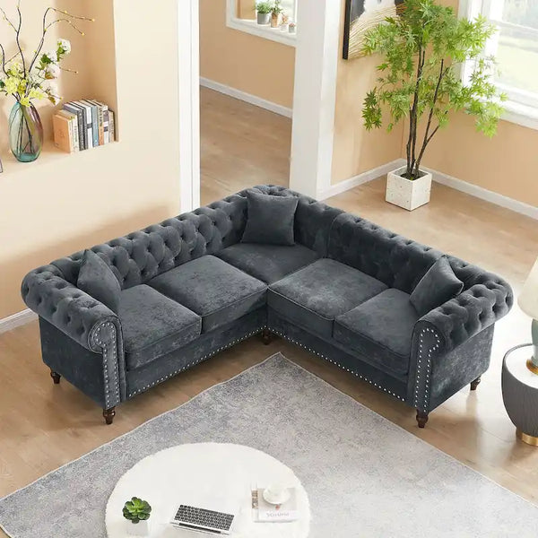Classic Chesterfield L-Shaped Sectional Sofa with Deep Buttoned Rolled Arms