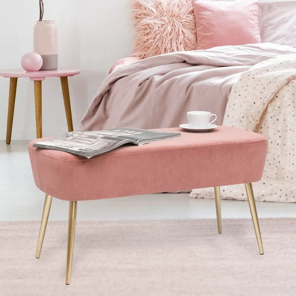 Adeco Velvet Footrest Bench with Metal Legs - Stylish Bed End Stool and Dressing Chair