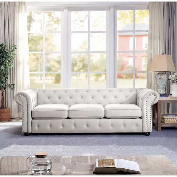 Corvus Aleksis Tufted Chesterfield 3-Seat Sofa with Elegant Rolled Arms