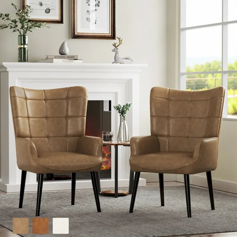 Set of 2 High-Back Tufted Accent Chairs in Cream, Brown, and Taupe