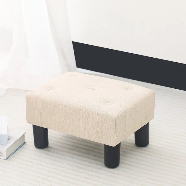 Adeco Rectangular Small Ottoman - Button Tufted Linen Foot Stool