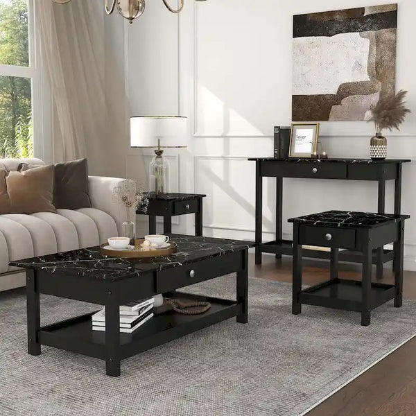 Denhour DH BASIC 4-Piece Open-Shelf Coffee Table Set with Drawer in Transitional Rubberwood