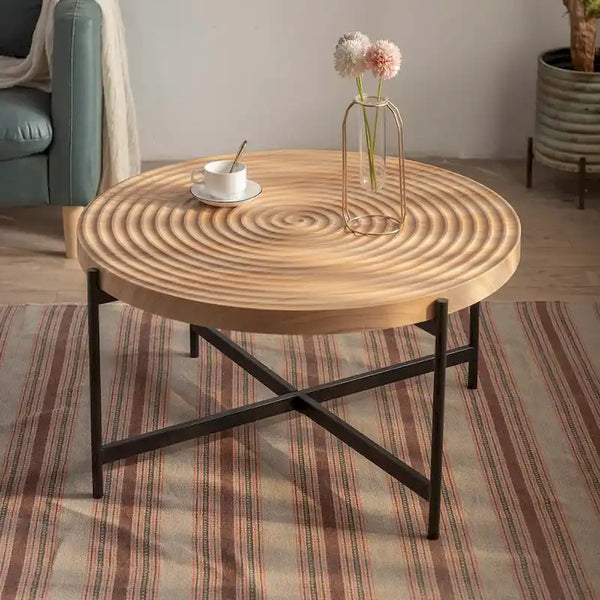 Contemporary Round Coffee Table with Cross-Leg Metal Base and Threaded Design
