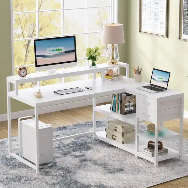 Contemporary L-Shaped Computer Desk with Drawer and Storage Shelf