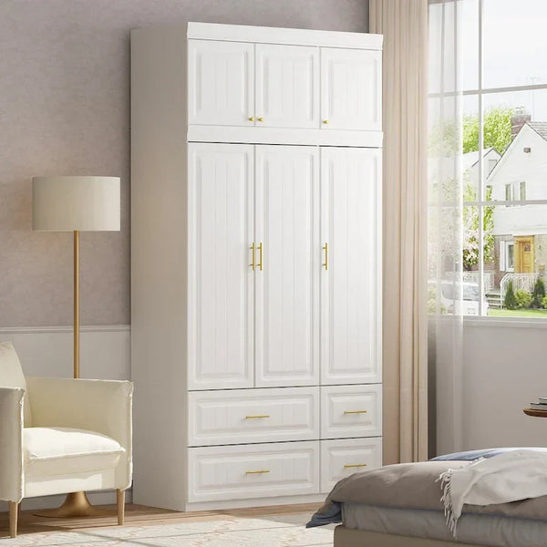 Contemporary White Freestanding Wardrobe Armoire - 93.7" High Storage Cabinet