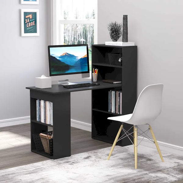 HOMCOM Modern Compact Computer Desk with 6-Tier Storage Shelves - Writing Table Workstation with Integrated Bookshelf for Home Office