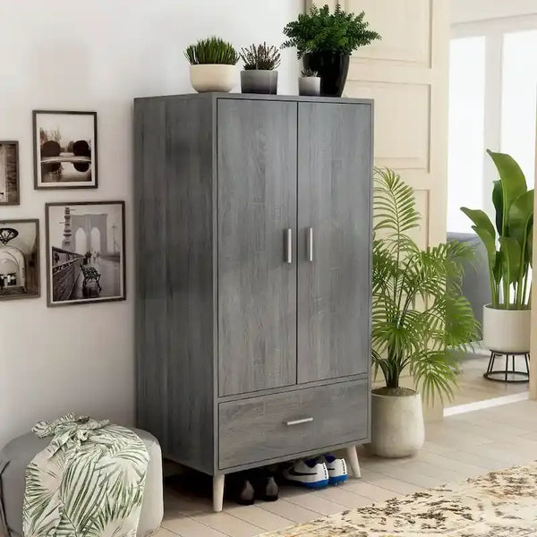 Denhour Mid-Century Modern Distressed Grey 1-Drawer Wardrobe Armoire
