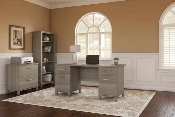 60-Inch Office Desk with Cabinet and 5-Shelf Bookcase