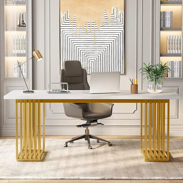 70.9" Contemporary White Executive Desk with Gold Metal Frame