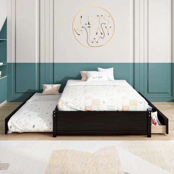 Full Bed Frame with Twin Trundle and Dual Storage Drawers