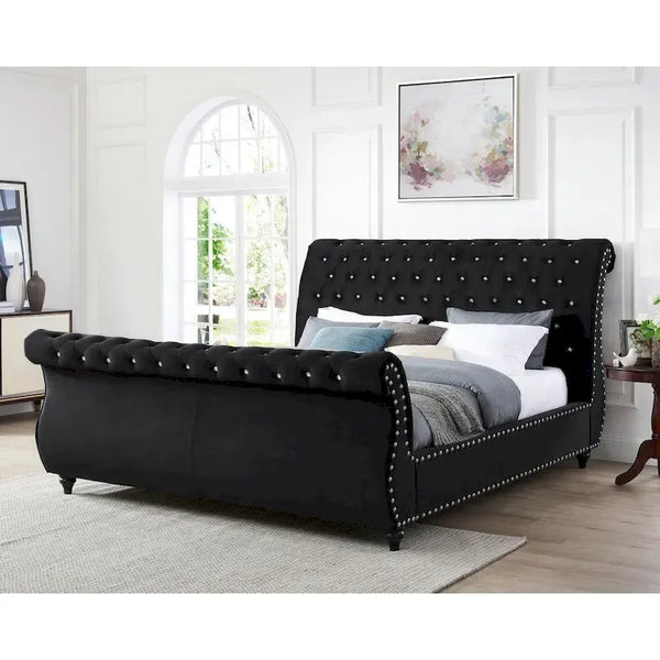 Gracewood Hollow Trivedi Black Velvet Sleigh Bed with Crystal Button Tufting