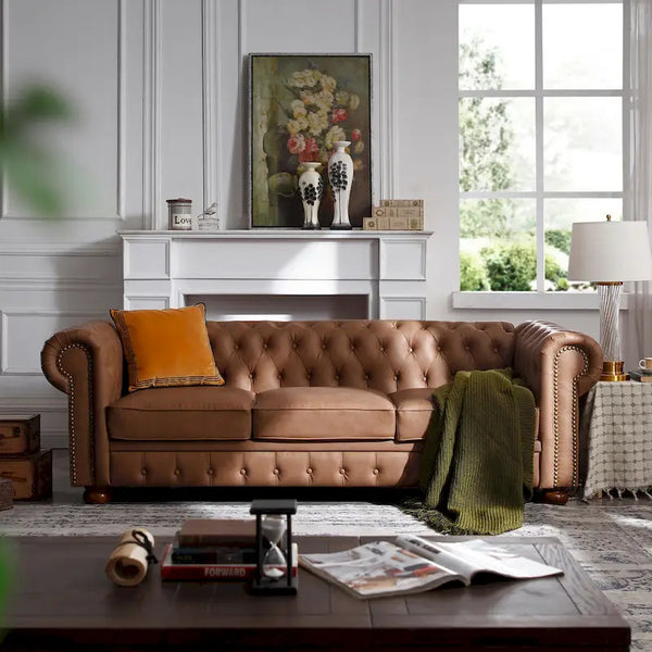 Brown Faux Leather Classic Chesterfield Sofa